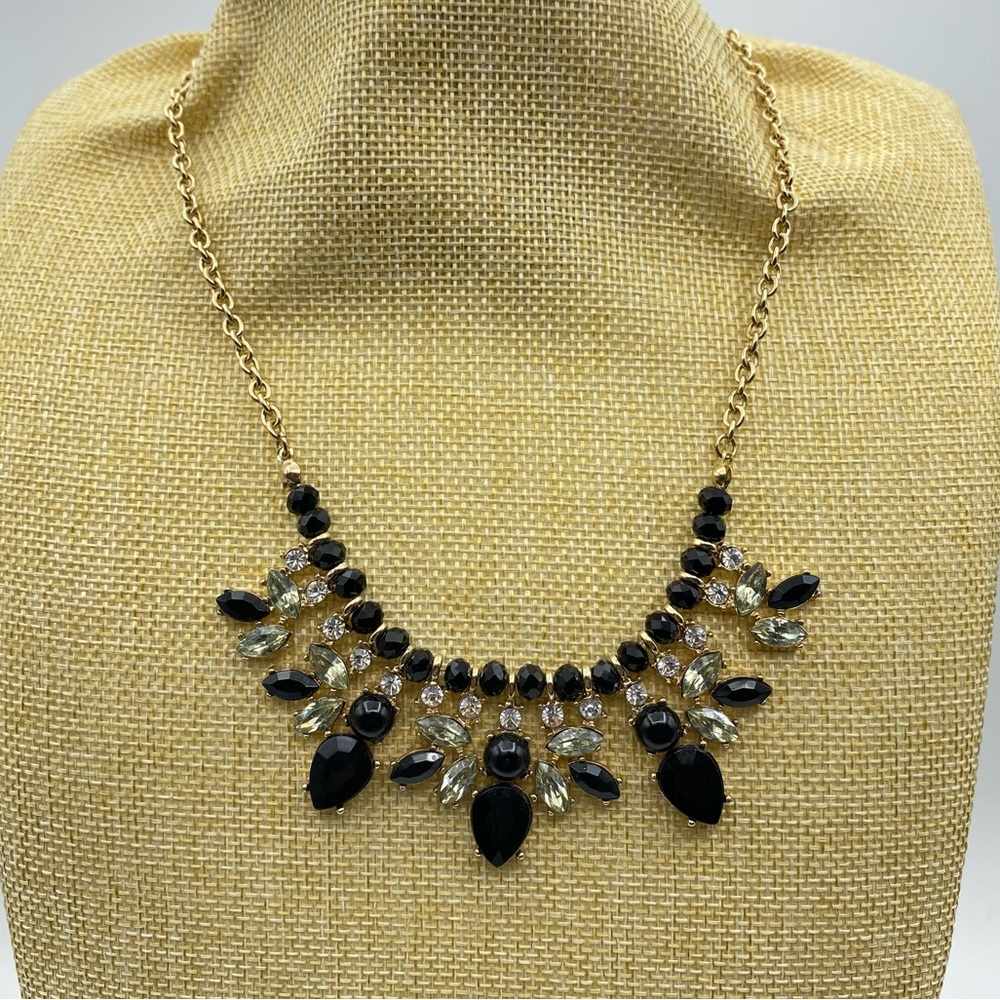Charming Charlie Gold Tone Black Green Clear Faceted Statement Necklace Marquise